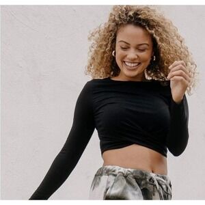 Sozy Black Twist Front Long Sleeve Crop Top Medium Neutral Minimalist Layers